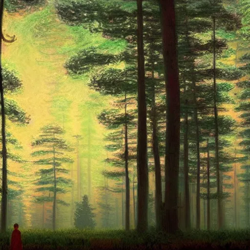 Prompt: A magical forest by Simon Stålenhag and Claude Monet, masterpiece