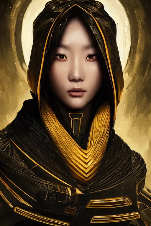 Image similar to Photorealistic illustration of Korean fashion model in Star Wars sith black and gold robes, sci-fi, futuristic, intricate, elegant, highly detailed, digital painting, artstation, concept art, smooth, sharp focus, art by artgerm, greg rutkowski