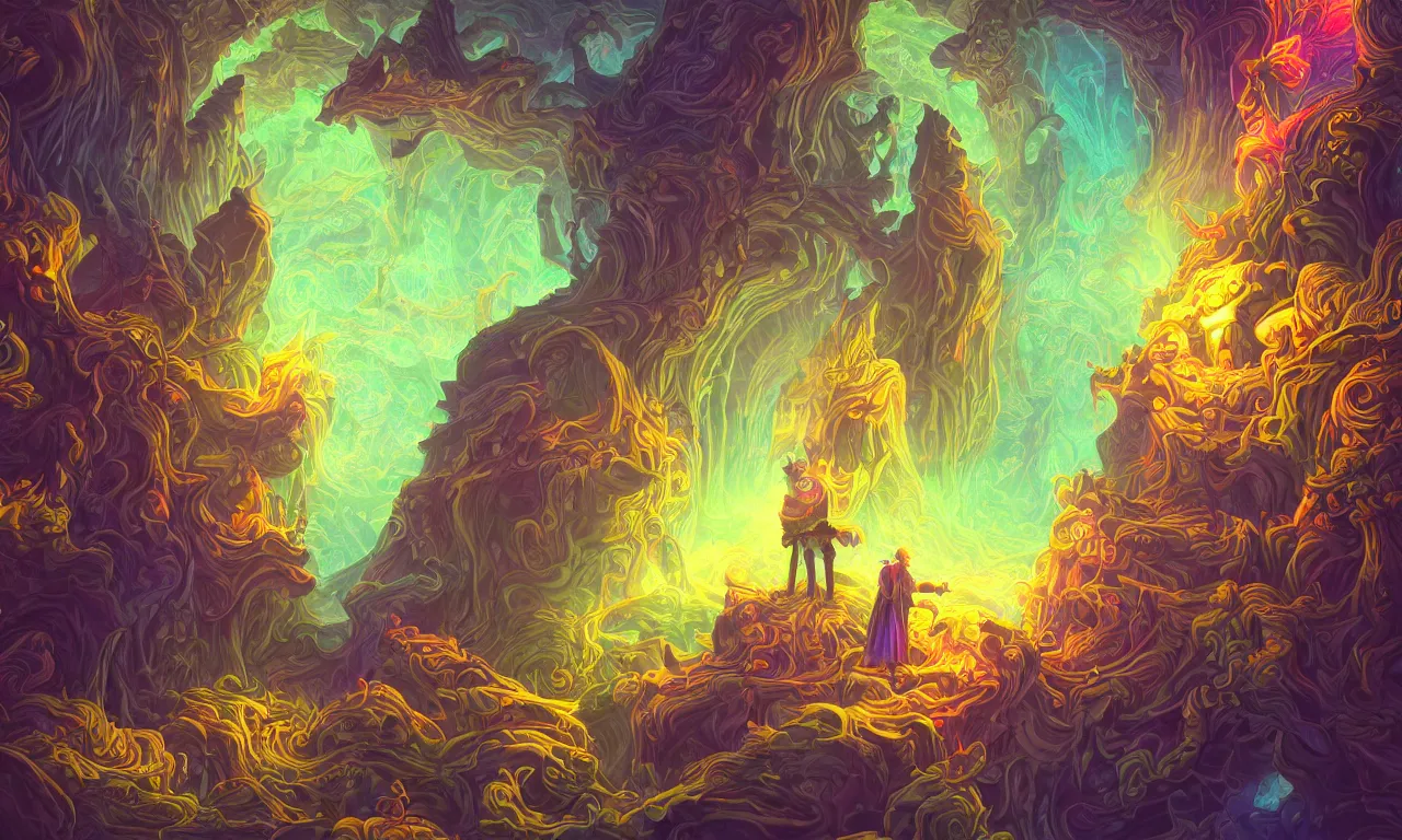 Image similar to large kerberos realm, wizard issues ticket close up, reading a directory, colorful ravine, 3 d art, digital illustration, perfect lighting