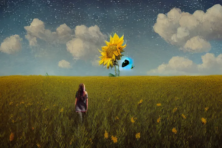 Image similar to huge sunflower head, girl walking in wheat field, hills, surreal photography, dark night, star trails, dramatic light, impressionist painting, clouds, digital painting, artstation, simon stalenhag