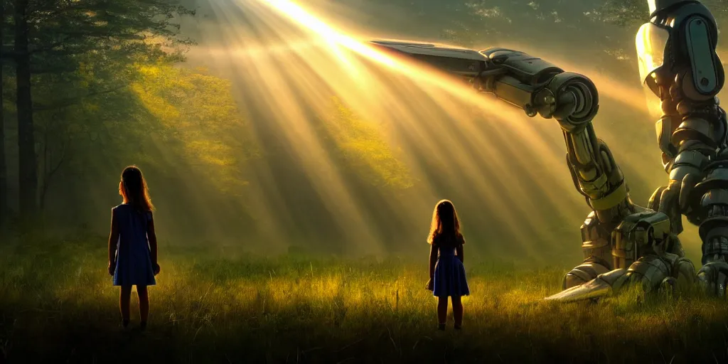 Prompt: sci - fi scene future new york, little girl holding the hand of a giant robot, forest punk, crepuscular rays, epic scene, hyper realistic, photo realistic, 8 k resolution, overgrowth, cinematic atmosphere, ethereal lighting,