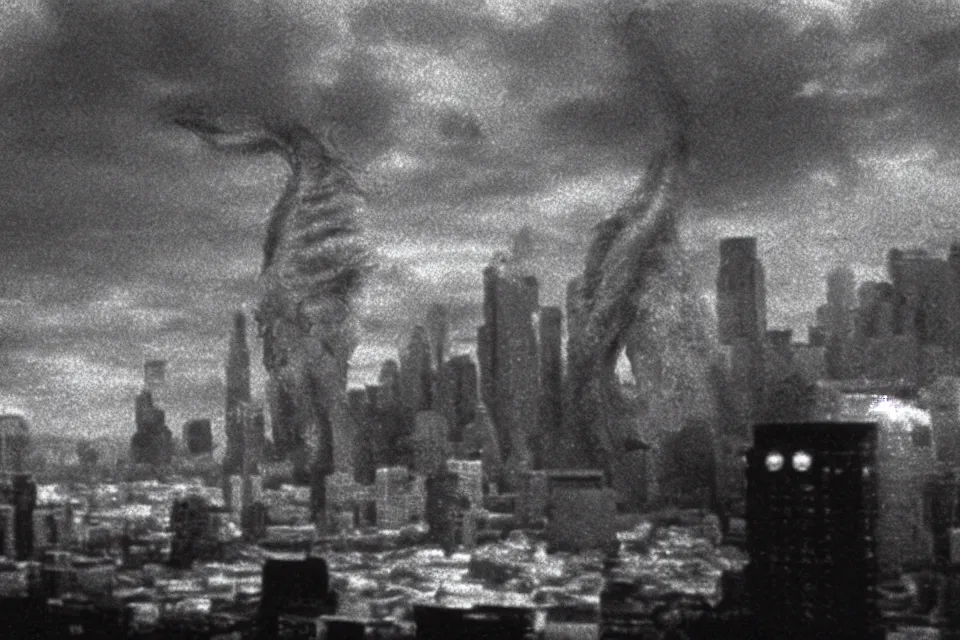 Image similar to still image taken from sci fi horror movie of a cthulhu attacking a city. low camera angle. failure pictures.