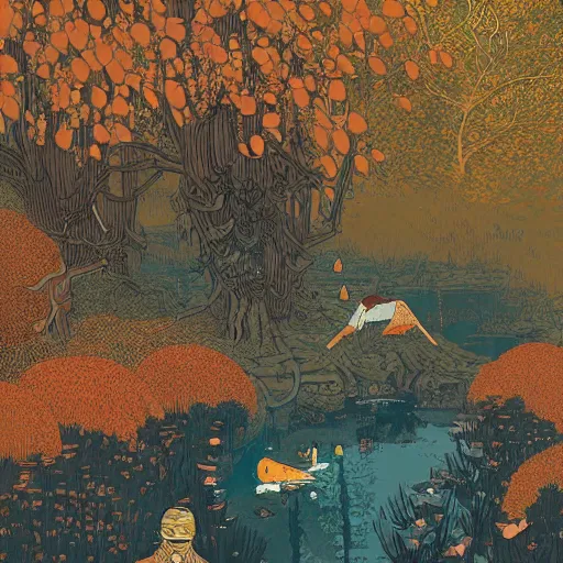 Prompt: ancient warrior drinking from a quite stream in autumn, high definition by Victo Ngai