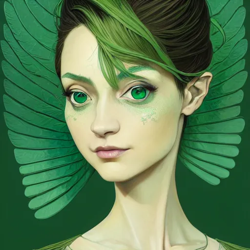 Prompt: 3 / 4 view of a portrait of pixie woman with wings, earthy green, forest background confident pose, pixie, genshin impact,, intricate, elegant, sharp focus, illustration, highly detailed, concept art, matte, trending on artstation, anime, strong brush stroke, sharp focus, illustration, art station, by ilya kuvshinov h 6 4 0