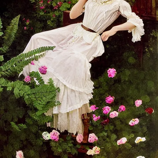 Image similar to painting hanging on wall full body fashion model emma watson by Winslow Homer smokey eyes makeup eye shadow fantasy, glow, shimmer as victorian woman in a long white frilly lace dress and a large white hat having tea in a sunroom filled with flowers, roses and lush fern flowers ,intricate, night, highly detailed, dramatic lighting , high quality