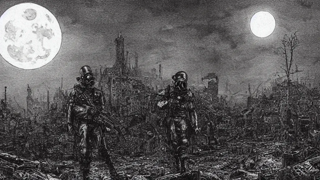 Image similar to Fallout, soldier with a gasmask, dark clouds, fire, burning, dark, eerie, night, dystopian, city, buildings, ruins, trees, moon, eldritch, illustration by Gustave Doré