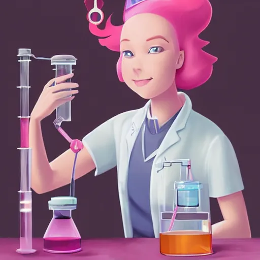 Image similar to princess bubblegum doing chemistry in a lab, matte art by ross tran