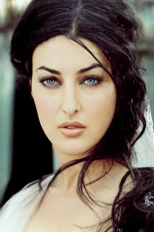 Image similar to young arab Monica Bellucci, blue eyes, long wavy black hair, white veil, closeup, focus face, colored, middle eastern