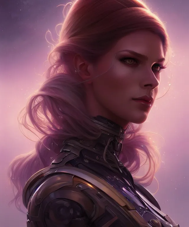 Image similar to futuristic woman portrait, sci - fi, amber eyes, face, long hair, fantasy, intricate, elegant, highly detailed, digital painting, artstation, concept art, smooth, sharp focus, illustration, art by artgerm and greg rutkowski and alphonse mucha