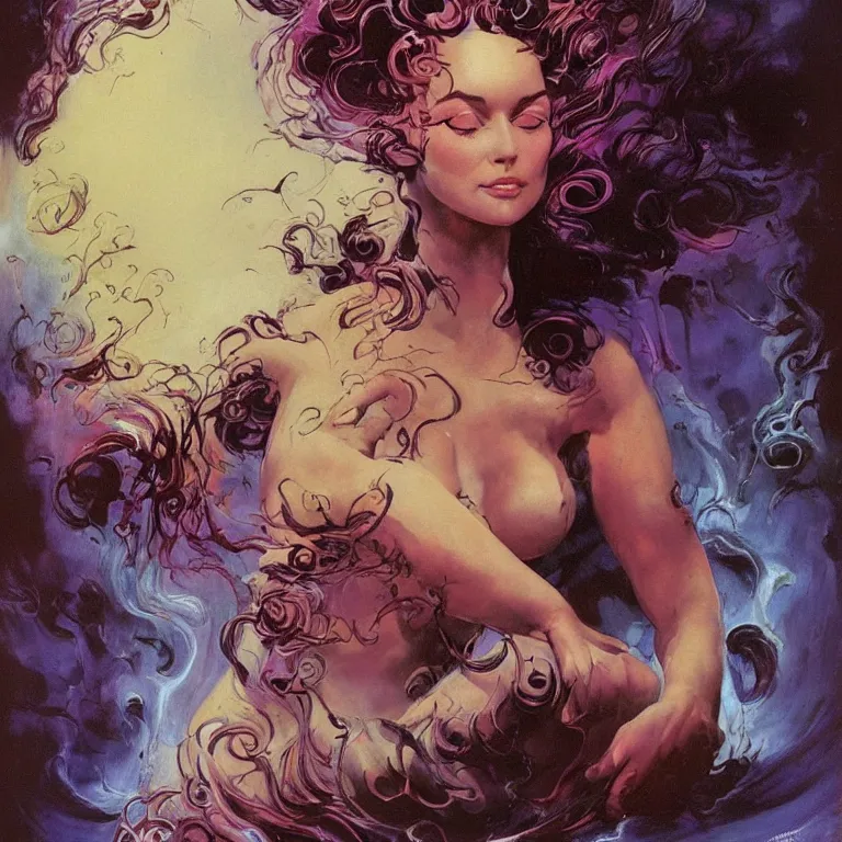 Image similar to portrait of a woman with swirling hair and fractal skin by frank frazetta, retrofuturism, psychedelic art reimagined by industrial light and magic