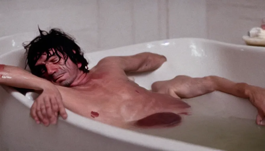 Prompt: movie still of jean - paul marat a wound at the chest, bleeding in the bath, cinestill 8 0 0 t 3 5 mm, high quality, heavy grain, high detail, cinematic composition, dramatic light, anamorphic, ultra wide lens, hyperrealistic, by pasolini