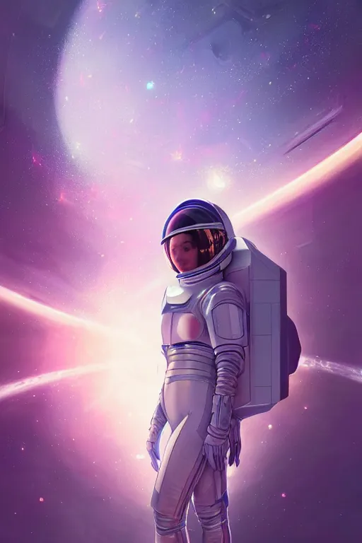 Image similar to portrait armored astronaut girl, floating inside spaceship command room viewing galaxy, ssci-fi mirror neon reflect light and fantasy, intricate and very very beautiful and elegant, highly detailed, digital painting, artstation, concept art, smooth and sharp focus, illustration, art by tian zi and WLOP and alphonse mucha