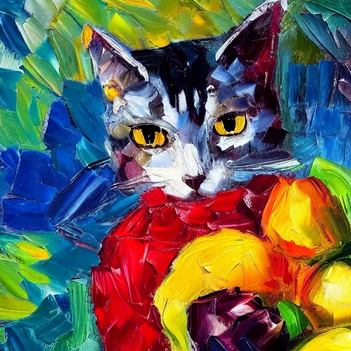 Image similar to palette knife oil painting of a cat wearing a gloves and a tutu, sitting on a mountain of fruit