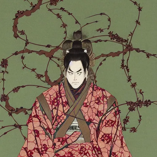 Prompt: a ultra detailed illustration of a samurai, roses, vines, by Takato Yamamoto, trending on ArtStation,