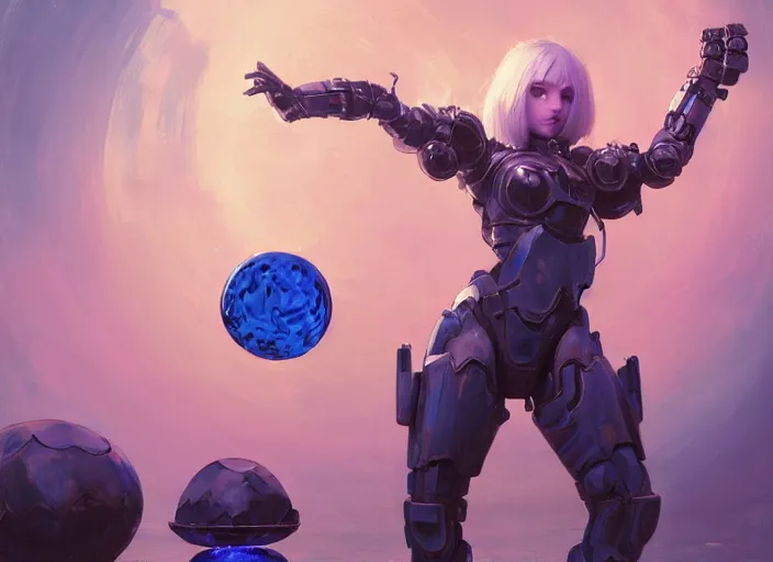 Image similar to wide view picture of a mech armor witch, standing on floating greed cubes with monster companions, model pose, blue hair, lighting eyes, huge magic circles on the hand, magic and fantasy, extremely beautiful and aesthetic and detailed cute face, specular reflection, occlusion shadow, intricate, masterpiece, by ilya kuvshinov and jeremy lipking and quentin mabille