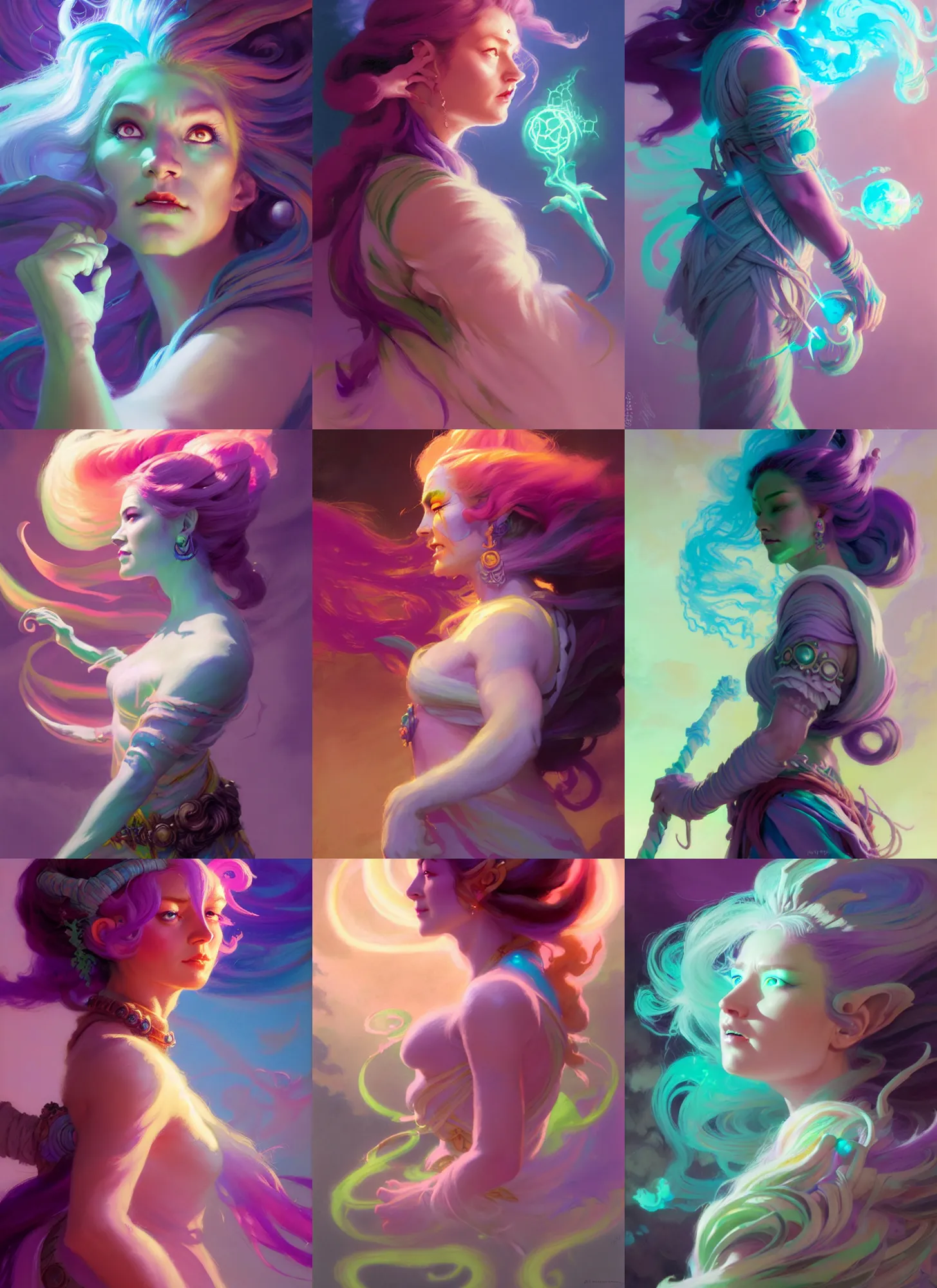 Prompt: side portrait, female half - troll druid, gloomhaven, luminescent, colorful swirly magic ripples, pastel colors, by greg manchess, huang guangjian, gil elvgren, sachin teng, greg rutkowski, jesper ejsing, ilya kuvshinov