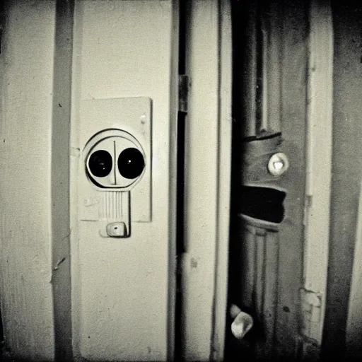 Prompt: hotel door eye hole creepy vintage 8 mm film