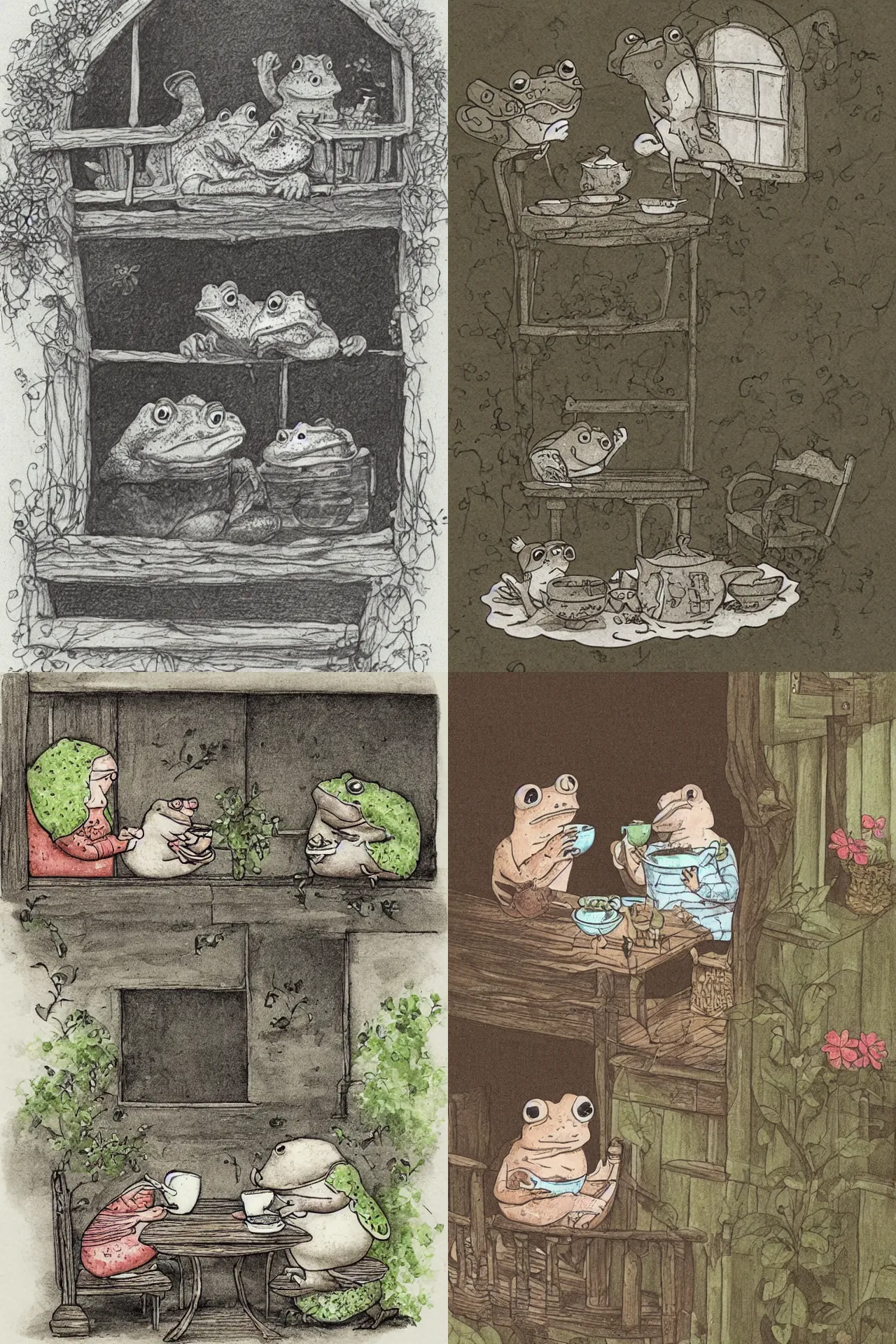 Prompt: An elderly toad couple drinking tea on their porch. Cute illustration.