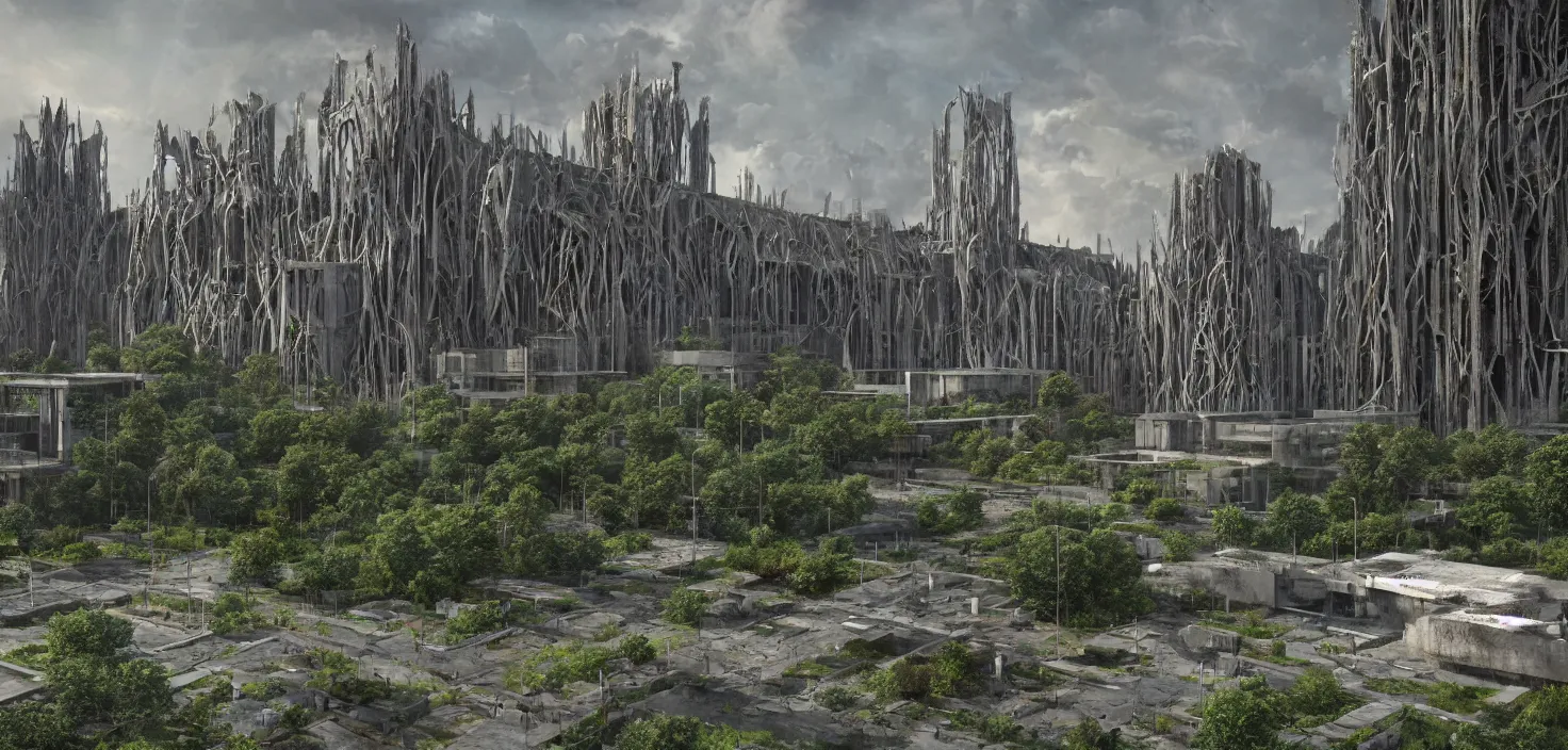 Image similar to an extremely detailed cathedral of brutalist architecture, surrounded by lush green vegetation, stunning volumetric lighting, sunset, rusted metal, concrete, translucent material, stunning skies, scattered rubbish and debris, 8k, photorealistic, hyper detailed, unreal engine 5, IMAX quality, cinematic, epic lighting, digital painting in the style of DOOM and Quake, by Greg Rutkowski, trending on Artstation