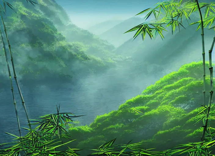 Prompt: misty japanese bamboo forest, cell shades, lake, waterfall!!!!!, large rocky mountain, rule of thirds, sunny, cartoony, stylized anime, sun rays, soft, by hayao miyazaki, ghibli studio, makoto shinkai, toei animation, studio trigger, trending on artstation, 4 k, hd