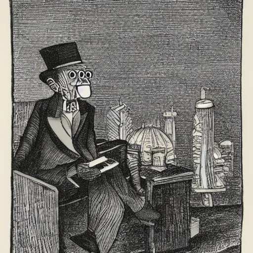 Prompt: An old, wizened man wearing a low top hat with a miniature futuristic city on top by Maurice Sendak