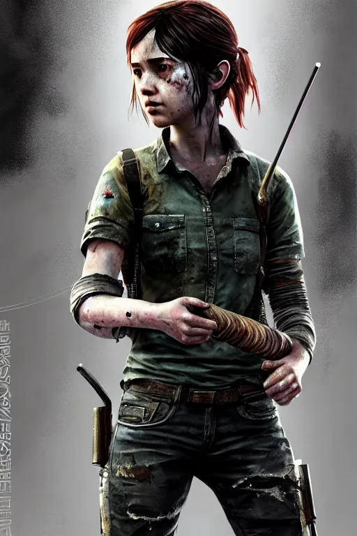 Image similar to ellie from the last of us part 2, cyberpunk futuristic neon. fencing, long sword in her hand, decorated with traditional japanese ornaments by ismail inceoglu dragan bibin hans thoma greg rutkowski alexandros pyromallis nekro rene maritte illustrated, perfect face, fine details, realistic shaded, fine - face, pretty face, masterpiece