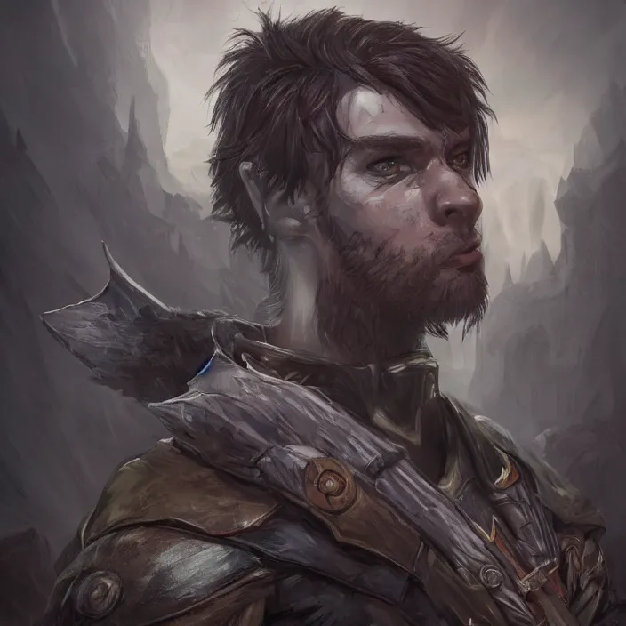 Prompt: a fantasy comic book style portrait painting of a male ranger in a atmospheric dark fortress, unreal 5, daz, hyperreal