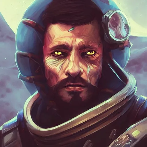 Image similar to “A portrait of a space pirate with his ship in the background, D&D sci-fi, artstation, concept art, highly detailed illustration.”