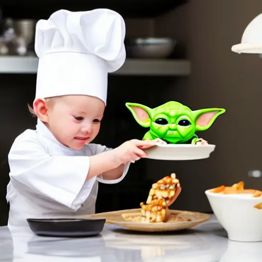 Image similar to tiny and innocent baby yoda appears as a chef wearing a white chefs hat and apron in a beautiful kitchen, preparing some food