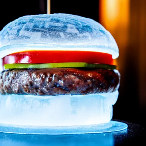 Image similar to a clear ice sculpture of a burger made entirely of ice, 4 k