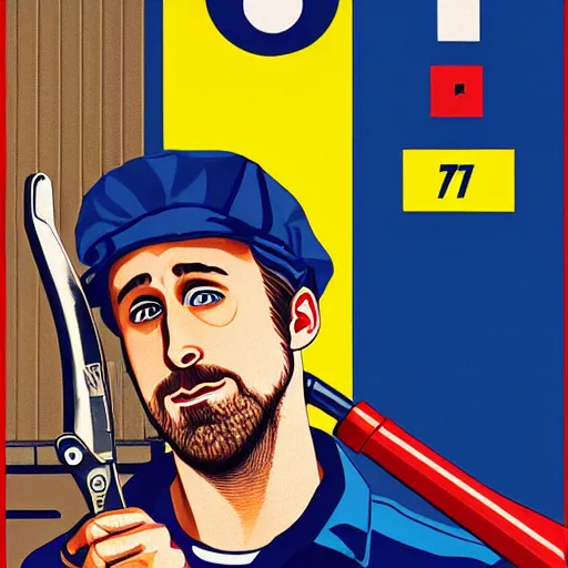 Image similar to realistic portrait of ryan gosling as a mechanic in beret, with a huge wrench, futuristic, highly detailed, 7 0 - s style poster, sharp focus, illustration, art by kawase hasui,