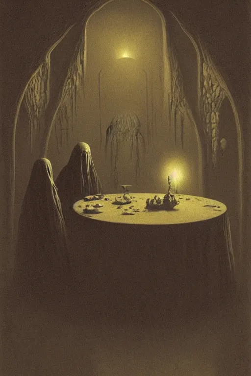 Image similar to the devil came for us, by zdzislaw beksinski, by dariusz zawadzki, by john jude palencar, gothic, surrealism, cosmic horror, lovecraftian, cold hue's, warm tone gradient background, concept art, first person view, scene in dining room, beautiful composition