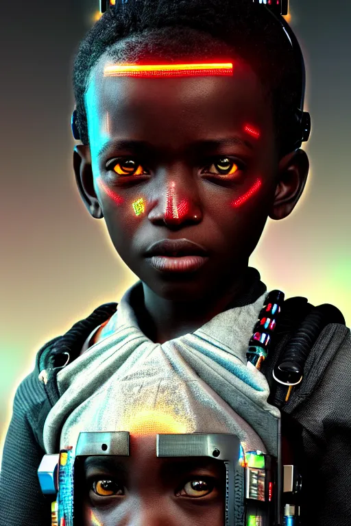 Image similar to a portrait of a young cyberpunk African child, biotech machine, photo realistic rendering with a cyberpunk style, dramatic cinematic lighting, highly detailed post processing, artstation, unreal engine, detailed face