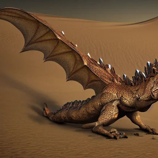 Prompt: a large desert dragon, hd photorealistic image