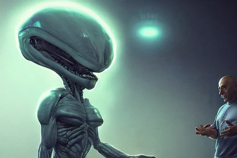 Image similar to joe rogan interviewing an alien, octane render, by greg rutkowski