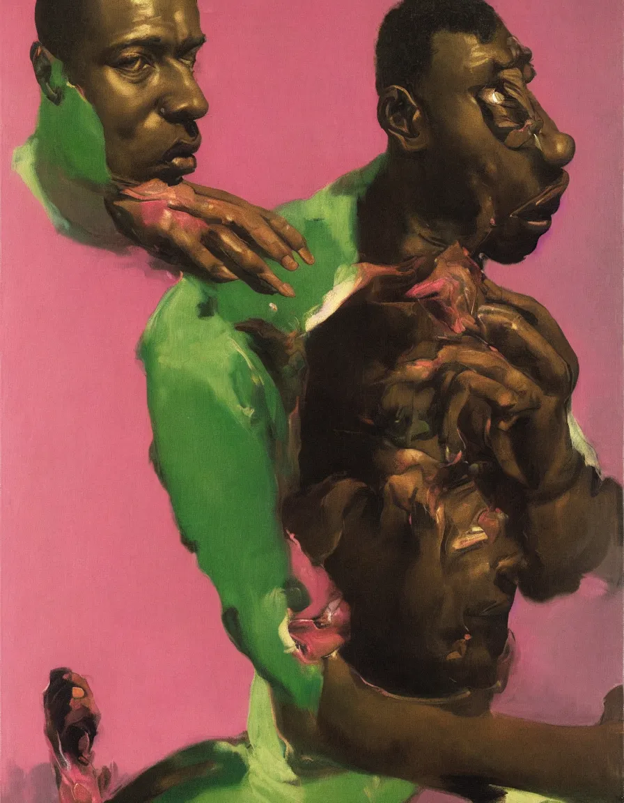 Prompt: portrait of a black man who stares intently, very thoughtful, yet playful, sugary, highly detailed oil painting, by francis bacon, edward hopper, adrian ghenie, glenn brown, soft light 4 k, pink and green colour palette, cinematic composition, cinematic lighting, high quality octane render, masterpiece