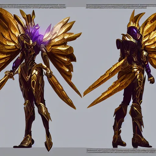 Prompt: cinematic, hyperdetailed league of legends azir armor metroid ravenbeak fanart gold armored bird wings regal gold sunray shaped crown, warframe, destiny, octane ref sheet