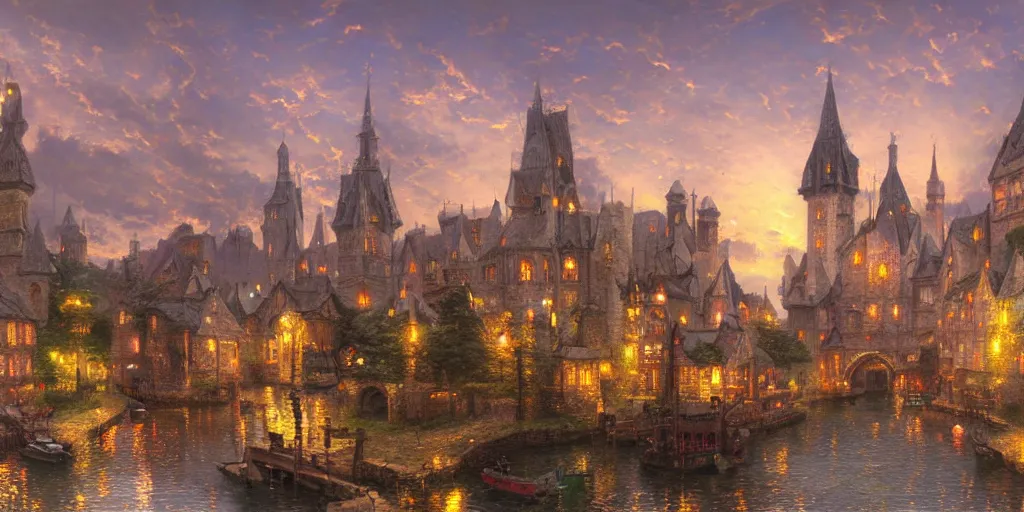 Prompt: beautiful medieval city, by thomas kinkade, trending on artstation