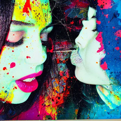 Image similar to double exposure of two women kissing ( closeup ) and a trippy painting, lomography. this photograph is subsequently printed out and splattered with paint. mixed media collage art with magazines and found art