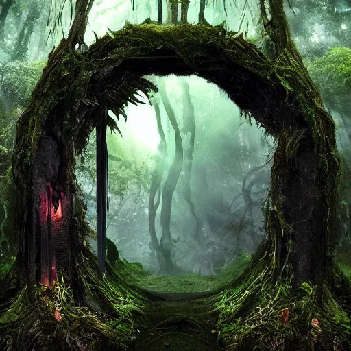 Image similar to ravenous, ominous portal to hades embedded in a creepy tree in a densely overgrown, magical jungle, fantasy, dreamlike sunraise, ultra realistic, atmospheric, stopped in time, epic