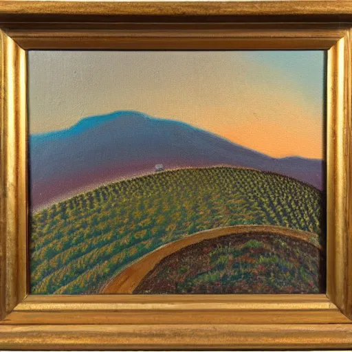 Image similar to a conrad buff oil painting of a small hill covered in cactus with a circular 1 0 lane highway at it's base full of evening traffic