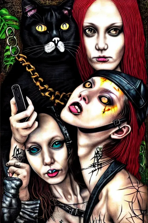 Image similar to punk rock girls kissing and making selfie with black cats in jungle , 1980 style, mad max jacket, post apocalyptic, Cyberpunk, renaissance, Gothic, mystic, highly detailed, digital painting, 4k, oil painting by Leonardo Da Vinci, hyper realistic style, fantasy by Olga Fedorova