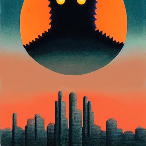 Image similar to funereal, lush by quint buchholz, by guido crepax. a beautiful painting of a large, orange monster looming over a cityscape. the monster has several eyes & mouths, & its body is covered in spikes. it seems to be coming towards the viewer, who is looking up at it in fear.