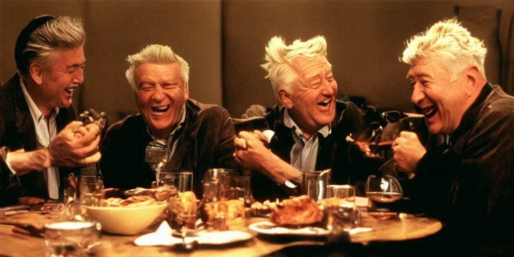 Prompt: film still of old men laughing!!!! sitting at a round table eating living frogs, directed by david lynch and federico fellini, backlighting