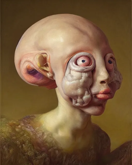 Prompt: strange, looming head, biomorphic painting of a woman with large eyes, pastel colours by, rachel ruysch, and charlie immer, highly detailed, emotionally evoking, head in focus, volumetric lighting, oil painting, timeless disturbing masterpiece