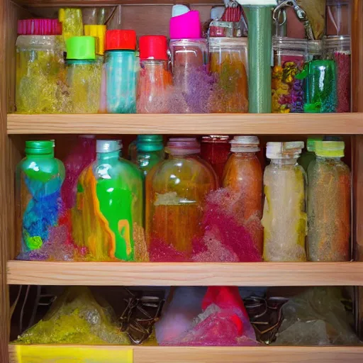 Prompt: cabinet of curiosities full of multicolored slime