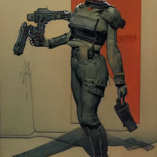 Image similar to female Scifi soldier gets ready, by Gerald Brom and Norman Rockwell