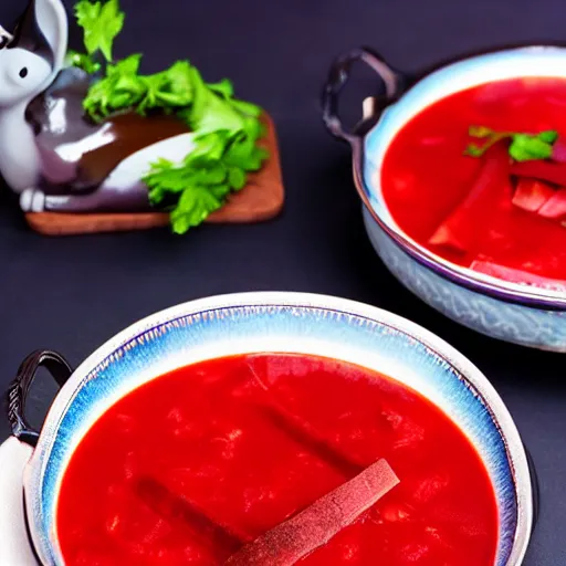 Prompt: borscht served with fake cat ears, award winning food photo, 4 k, delicious, polish food, high quality