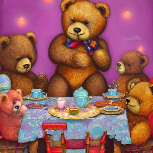 Prompt: Teddy Bear Tea Party By Casey Weldon and Martine Johana, rich colors, vivid colors, intricate, elegant, highly detailed, centered, digital painting, artstation, concept art, smooth, sharp focus, HDR, illustration