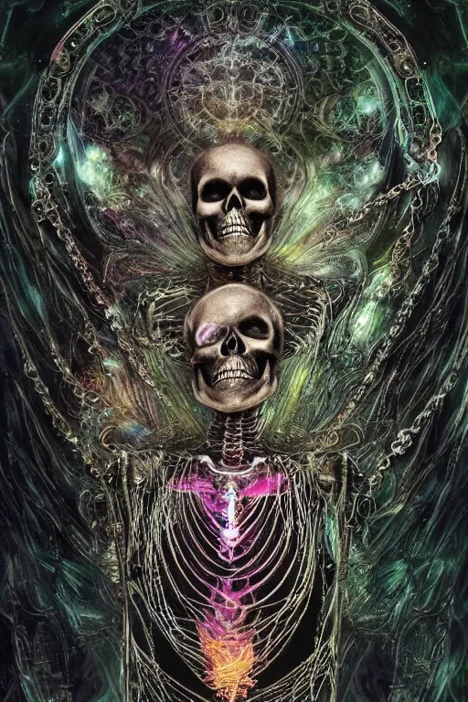 Image similar to psychedelic skeleton with trinket necklace, looking upward, epic angle and pose, reflective pool, symmetrical artwork, ayahuasca, translucent, fungus, energy flows of water and fire, highly detailed, epic cinematic concept art, excellent composition, dystopian brutalist atmosphere, dynamic dramatic lighting, aesthetic, very inspirational, arthouse, Greg Rutkowski, Artgerm